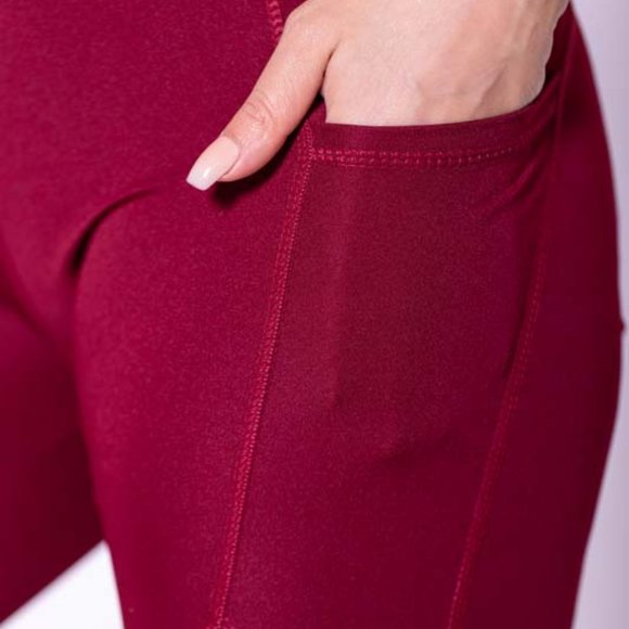 High-Waisted & Mash Panel Gym and Yoga Leggings with Side Pockets Burgundy - Picture 2 of 6